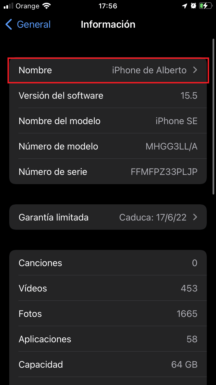 cambiar el nombre a mi iPhone